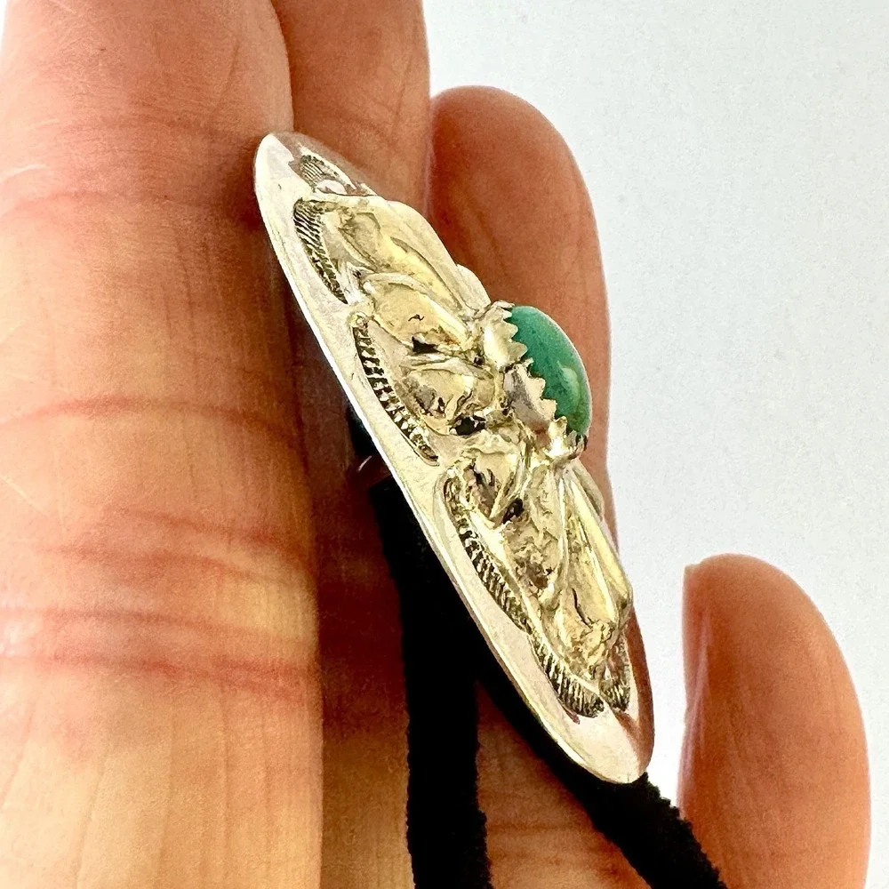 Turquoise Navajo Hair Tie 1.5in Ponytail Hand Stamped‎ Sterling Ornament Concho